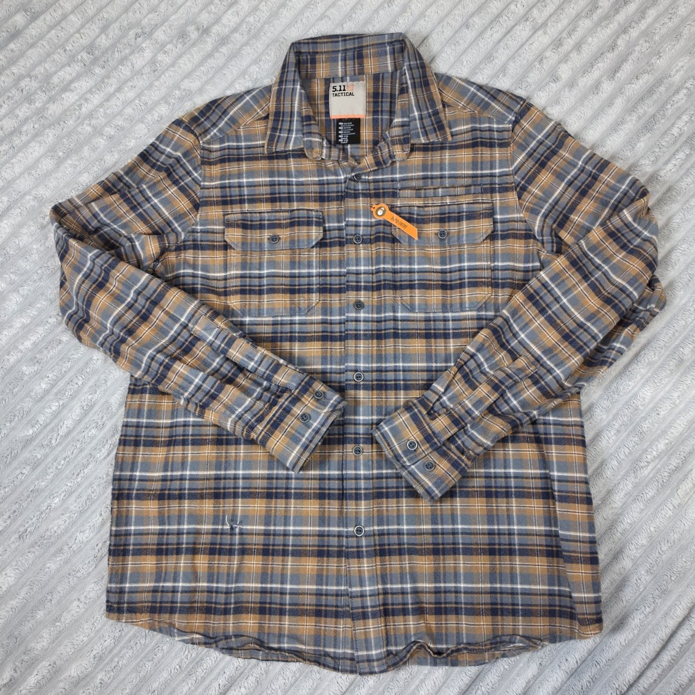 5.11 Tactical Mens Plaid Flannel Shirt Blue Brown RAPIDraw Long Sleeve Medium